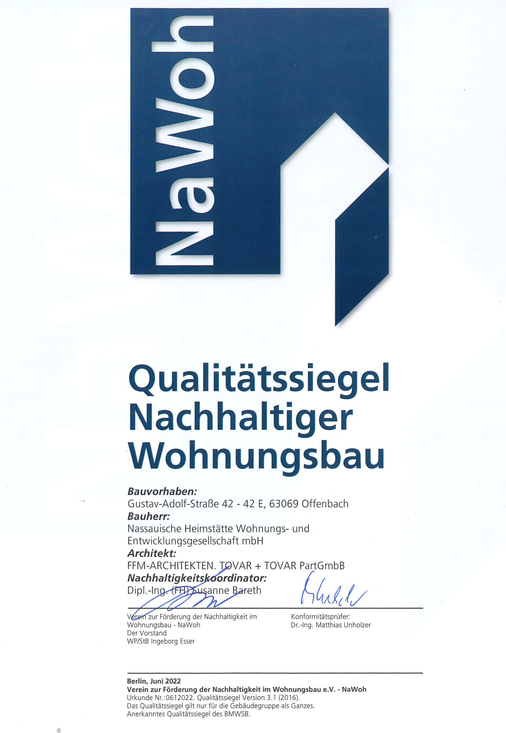 NaWo Qualitätssiegel Nachhaltiger Wohnungsbau FFM-ARCHITEKTEN